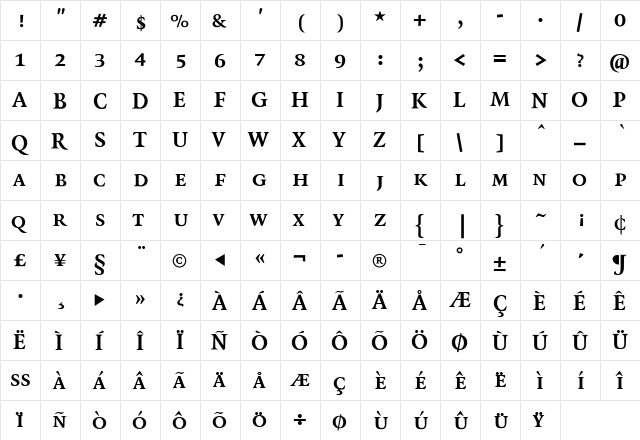 Quadraat Bold  glyph index
