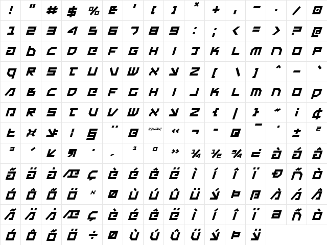 Uno Estado Italic Italic  glyph index