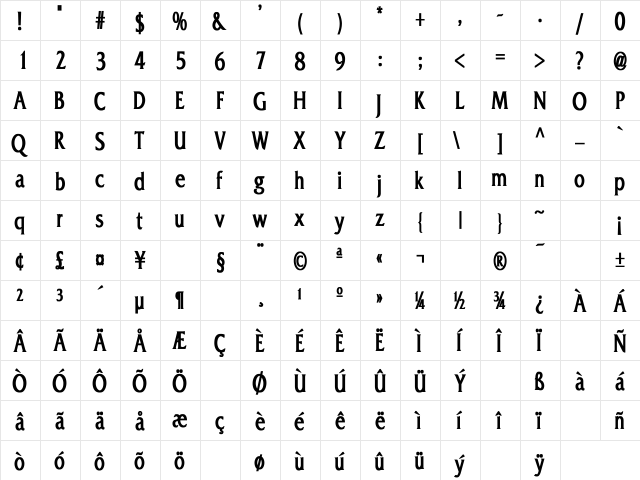 Franz Narrow Bold  glyph index