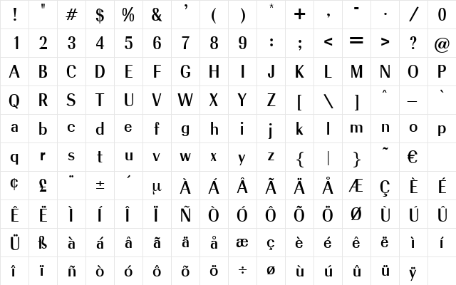 Trabant Regular  glyph index