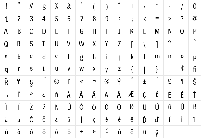 Dynamo RM Regular  glyph index