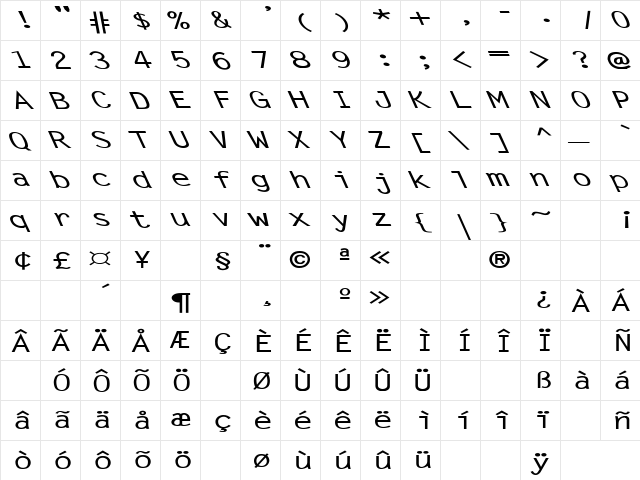 Letter Gothic-Bold Ex Left Regular  glyph index