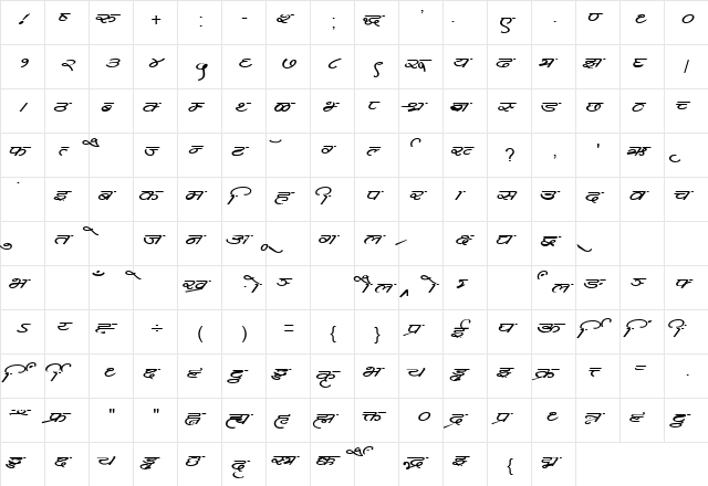 Kruti Dev 365 Regular  glyph index