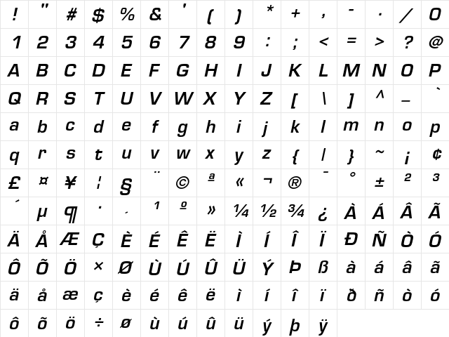 Eurostile Demi Oblique  glyph index