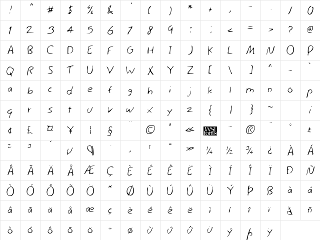 CamdensHand Regular  glyph index
