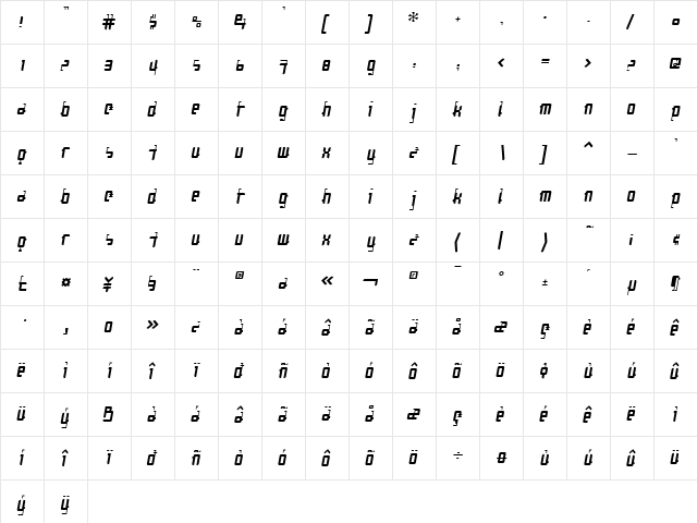 CallistoGravity Medium Italic  glyph index