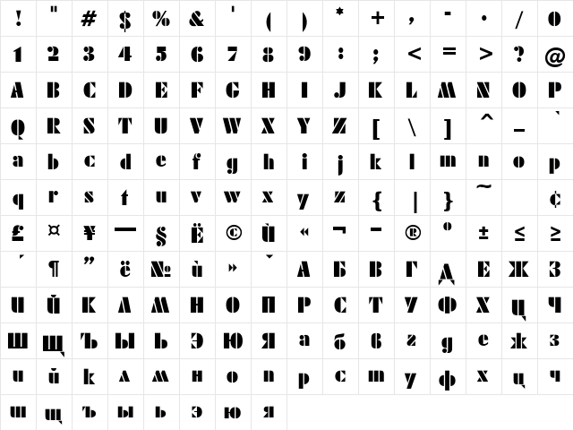 Shablon Normal  glyph index