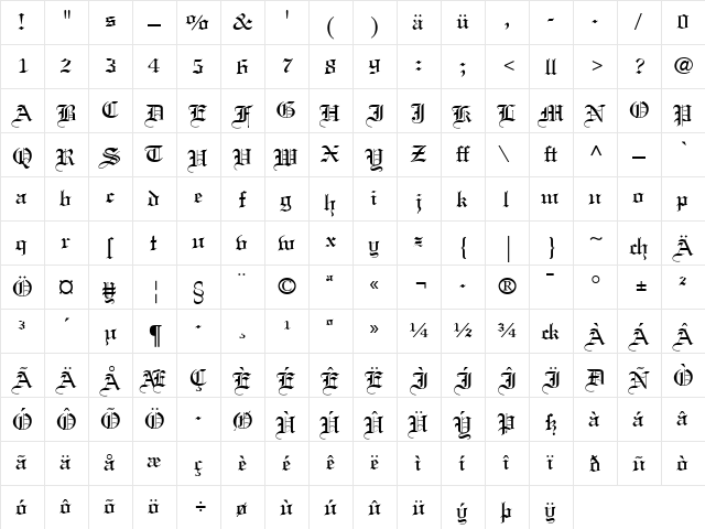 LinotextDfr Roman  glyph index