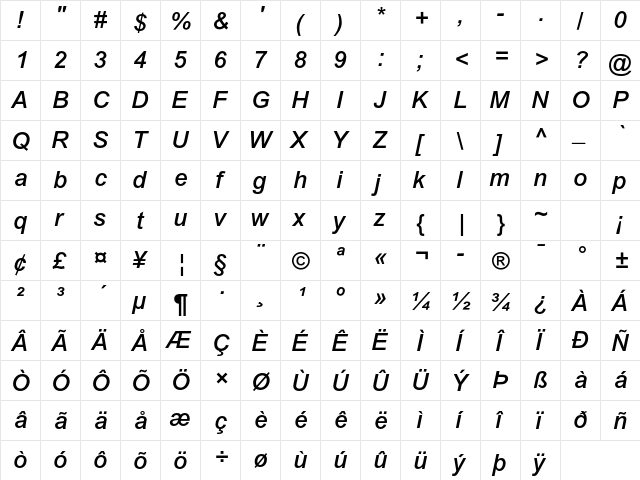 Arial MT Std Medium Italic  glyph index