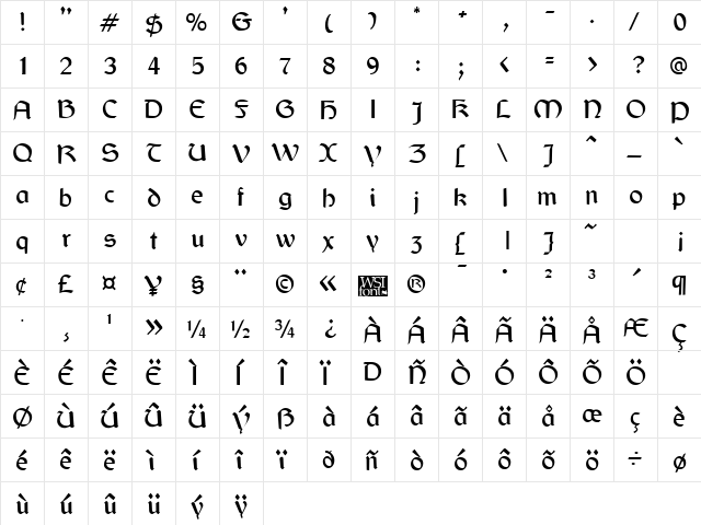 Gaelic Regular  glyph index