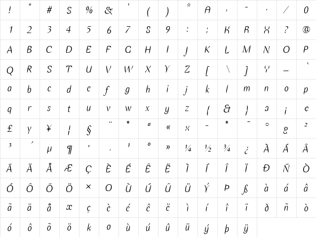 Ellipse ITC Italic  glyph index