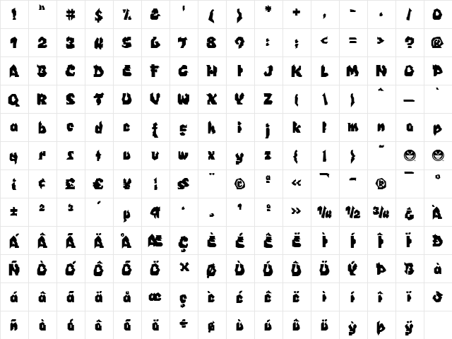 WILD1 Nobody Bold  glyph index