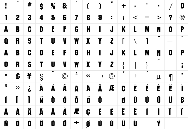 Machine Regular  glyph index