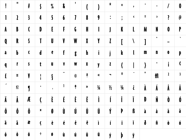 Agenda BoldUltraCondensed  glyph index