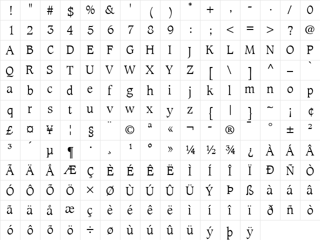 Caxton LT Light Regular  glyph index