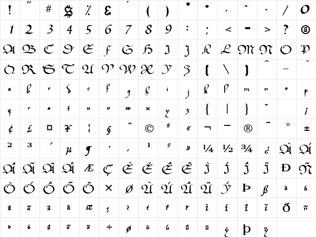 ClassicBookerFont77 Bold  glyph index