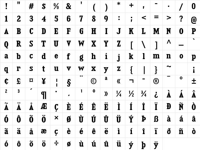 Kingsbridge SemiCondensed Bold  glyph index