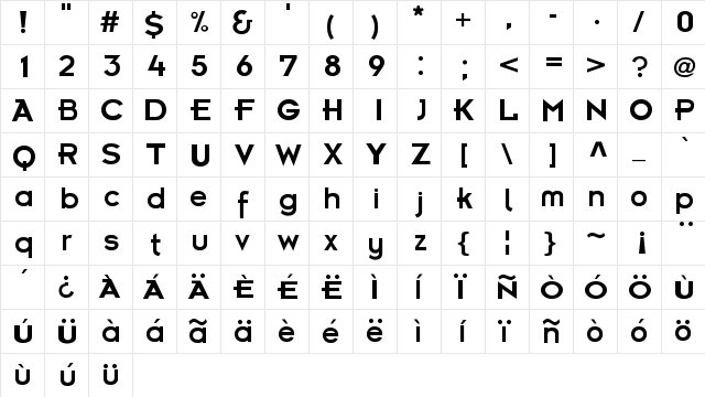 Futurama Bold Font Regular  glyph index