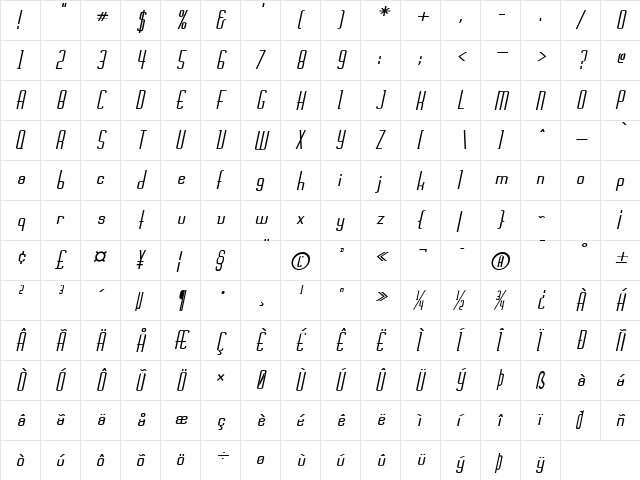 Devon Italic  glyph index