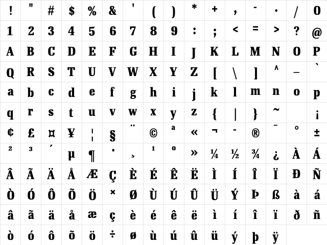 RePublic Text Bold Cond  glyph index