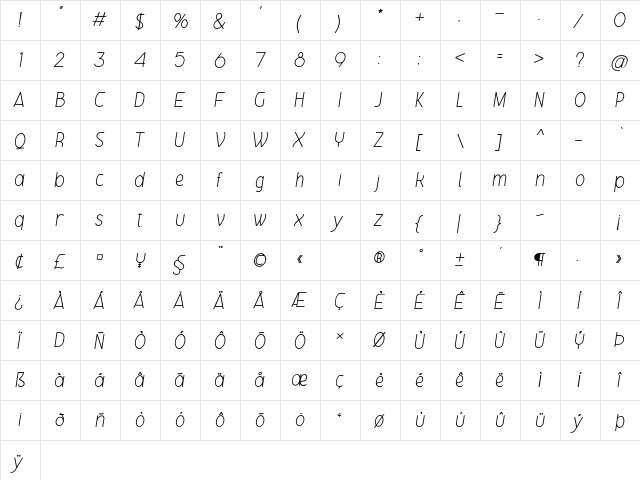 Gelael Text Light Italic  glyph index