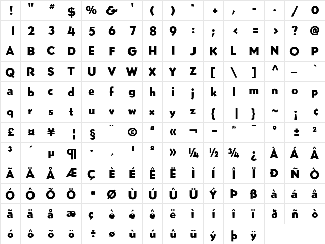 BernhardGothicSG Regular  glyph index