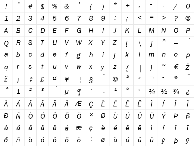 ITCFranklinGothic LT Book Italic  glyph index