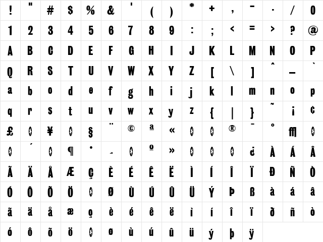 BureauGrotesque-OneSeven Regular  glyph index