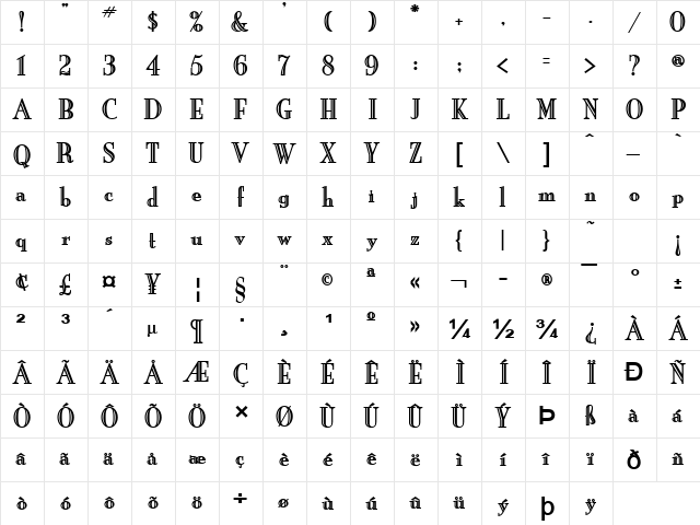 New England Engraved Bold  glyph index