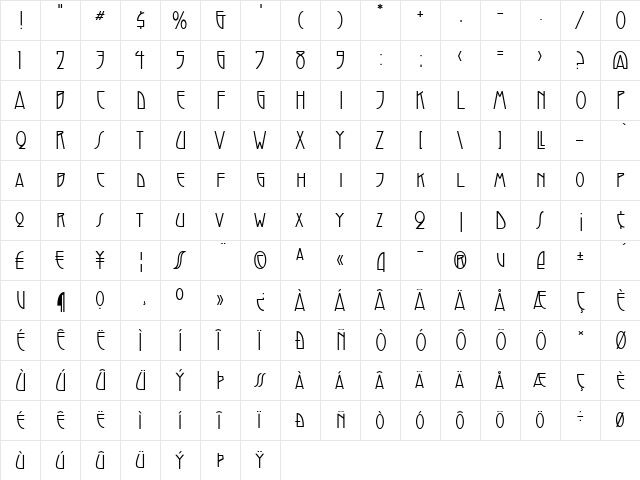 Santini Regular  glyph index