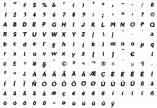 Veracruz-BoldIta Regular  glyph index