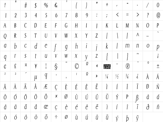 GriffonCondensedLight Italic  glyph index