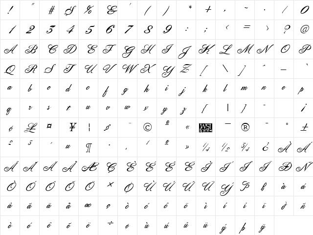 FleurishScript Regular  glyph index
