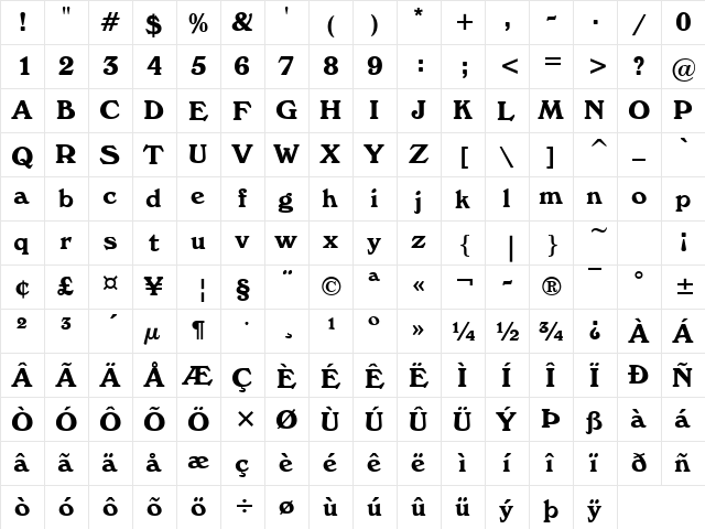 Prodigal Bold  glyph index