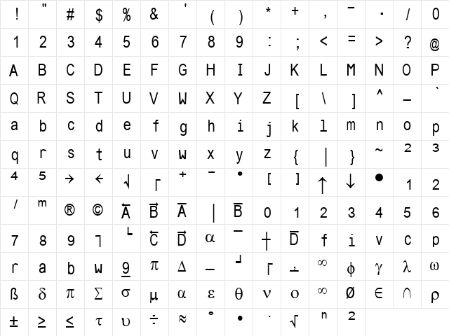 LFCHEM Regular  glyph index