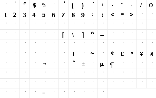 ArgusExBoldTab Regular  glyph index