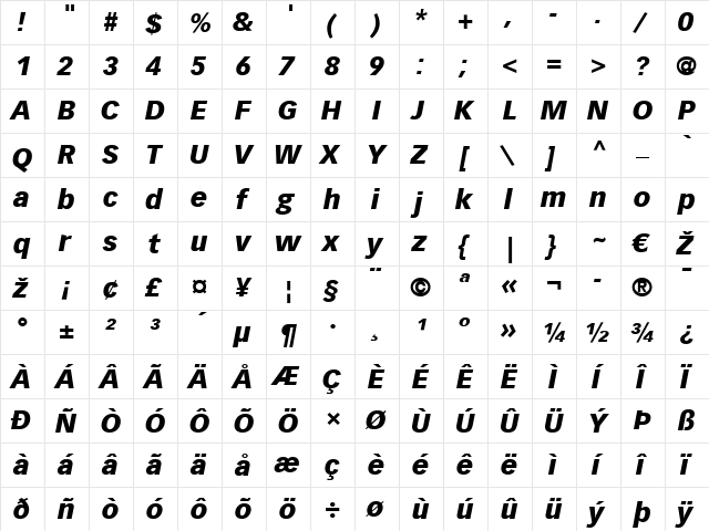 Vectora LT Roman Bold Italic  glyph index