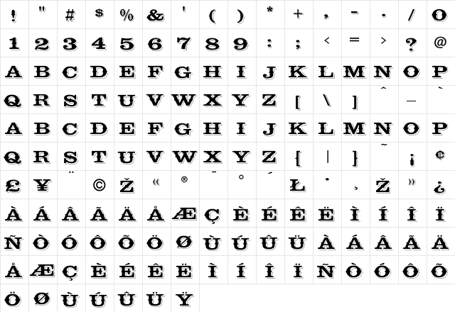 Cavalcade Regular  glyph index