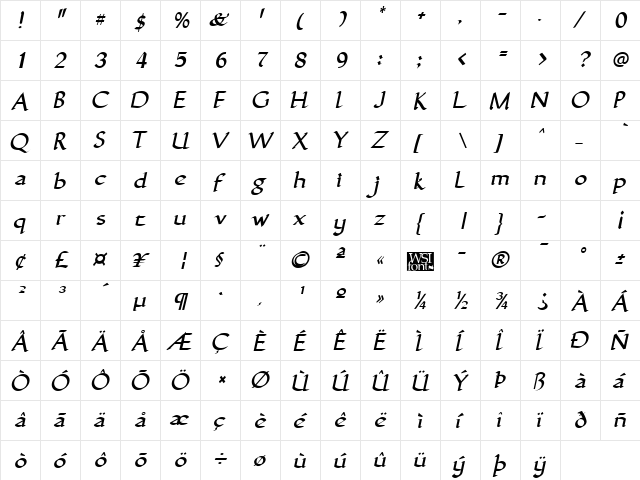 GuntherCalligraphic Italic  glyph index