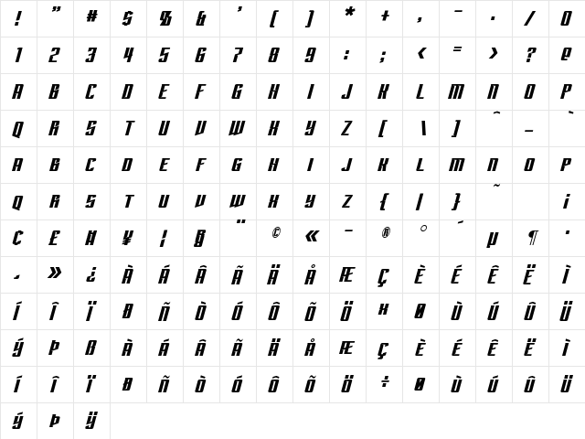 Subspace Italic  glyph index