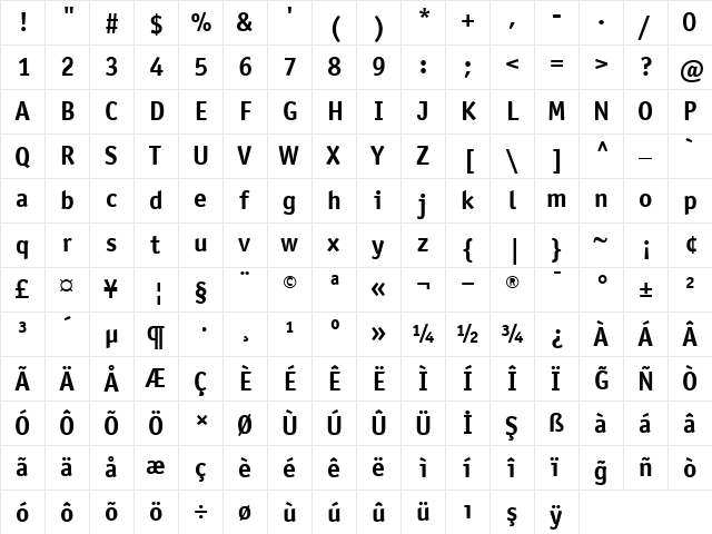 OfficinaSansBold Regular  glyph index