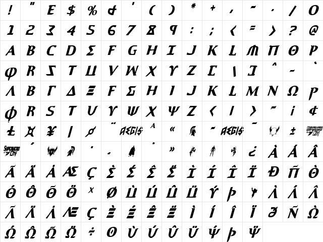 Aegis Condensed Italic Condensed Italic  glyph index