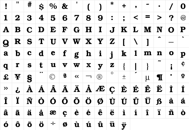 Bookman Demi  glyph index