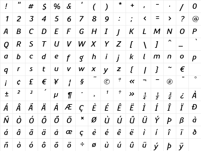 PreciousSansDemiBoldItalic Regular  glyph index