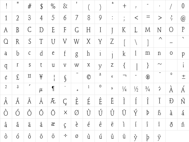 Schroeder-Condensed Normal  glyph index