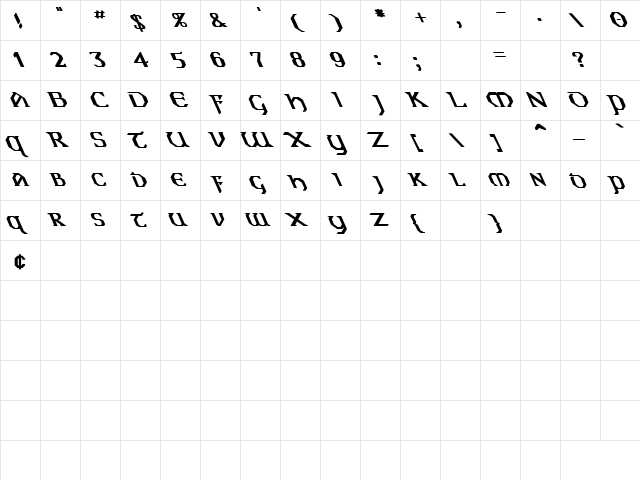 Eire Extreme Lefty Bold  glyph index