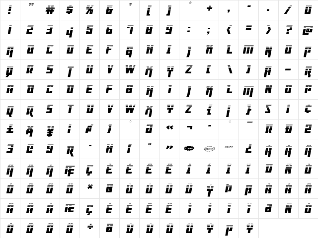 Danger Flight Halftone Italic Italic  glyph index