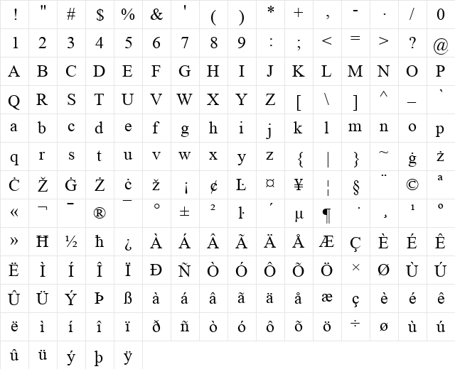 Temps Euro-Catalan Regular  glyph index