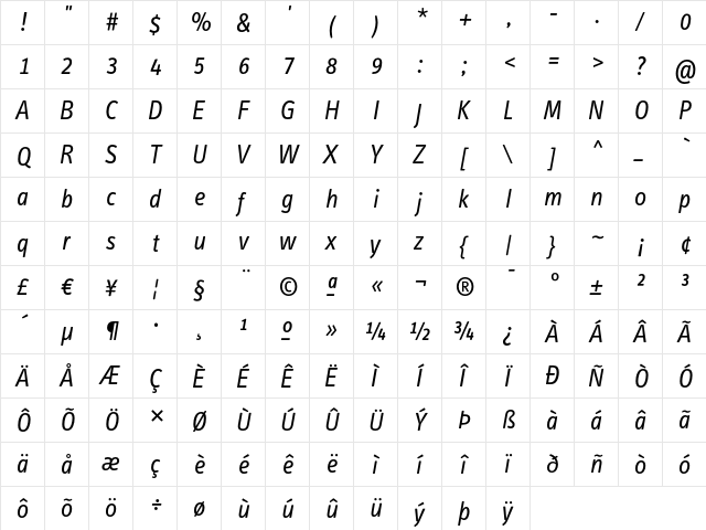 InfoTextRegularTf Italic  glyph index