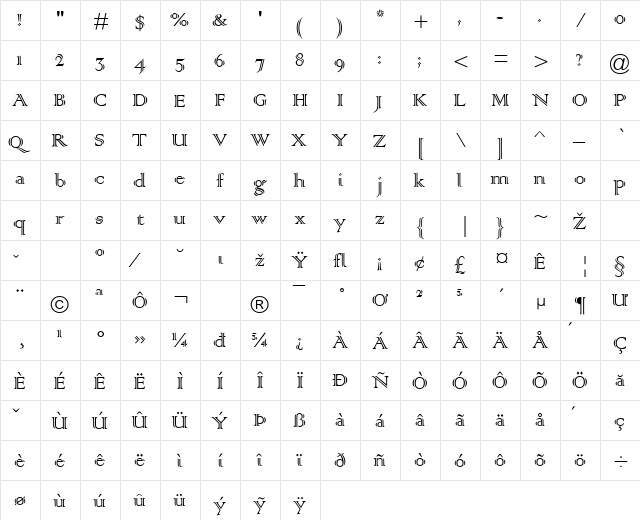 Colonna Regular  glyph index